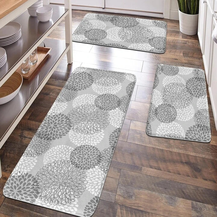 1pc Gray Geometric Pattern Polyester Anti-slip Mat For Kitchen Or Entrance