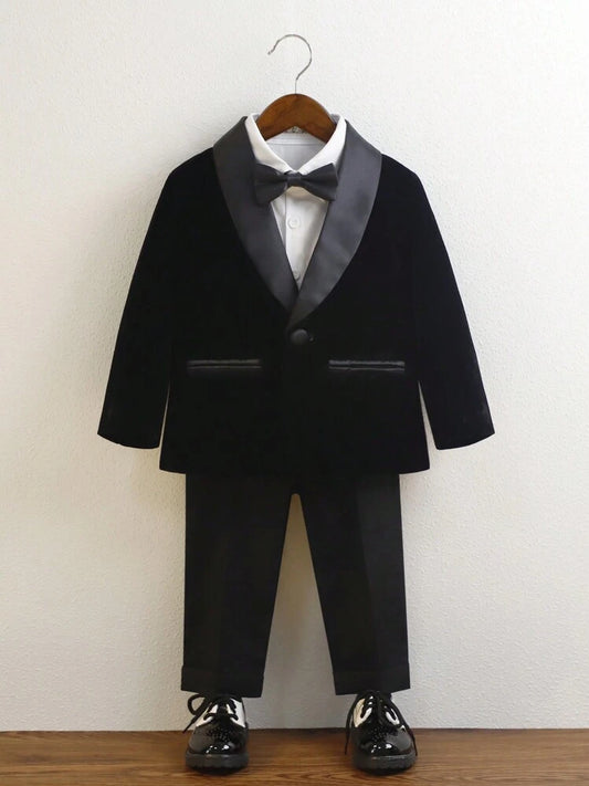 Shein 3pcs/Set Young Boy's Suit, Young Boy Formal Wear For School Performance, Party, Including Jacket + Pants + Bow Tie, Gentleman Outfit, Autumn/Winter