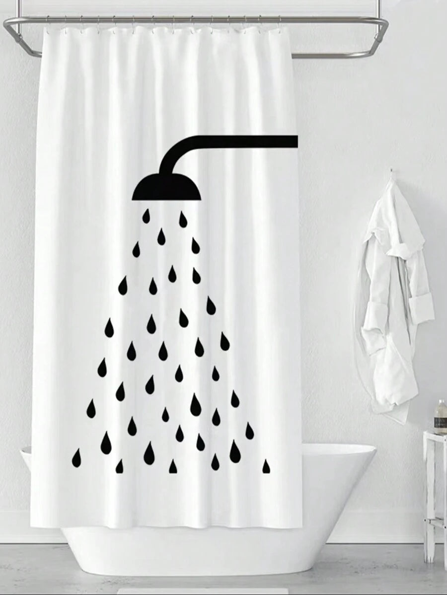 Bathroom Waterproof Black Shower Head Patterned Fabric Set, Shower Curtain, Anti-mildew, Hanging Curtain Without Punching