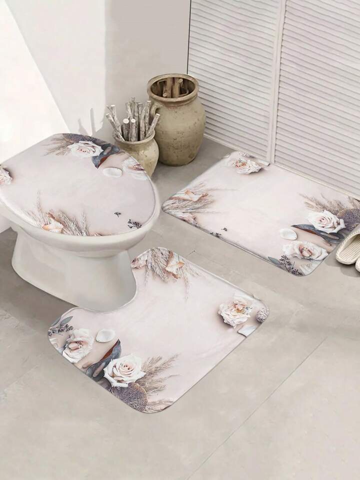 4pcs/Set Flower Pattern Printed Shower Curtain And Bathroom Mat Set With 12 Hooks, Used For Shower Chair Cushion Non-Slip Carpet, Waterproof Bathroom Curtain, Home Decor Bathroom Accessories