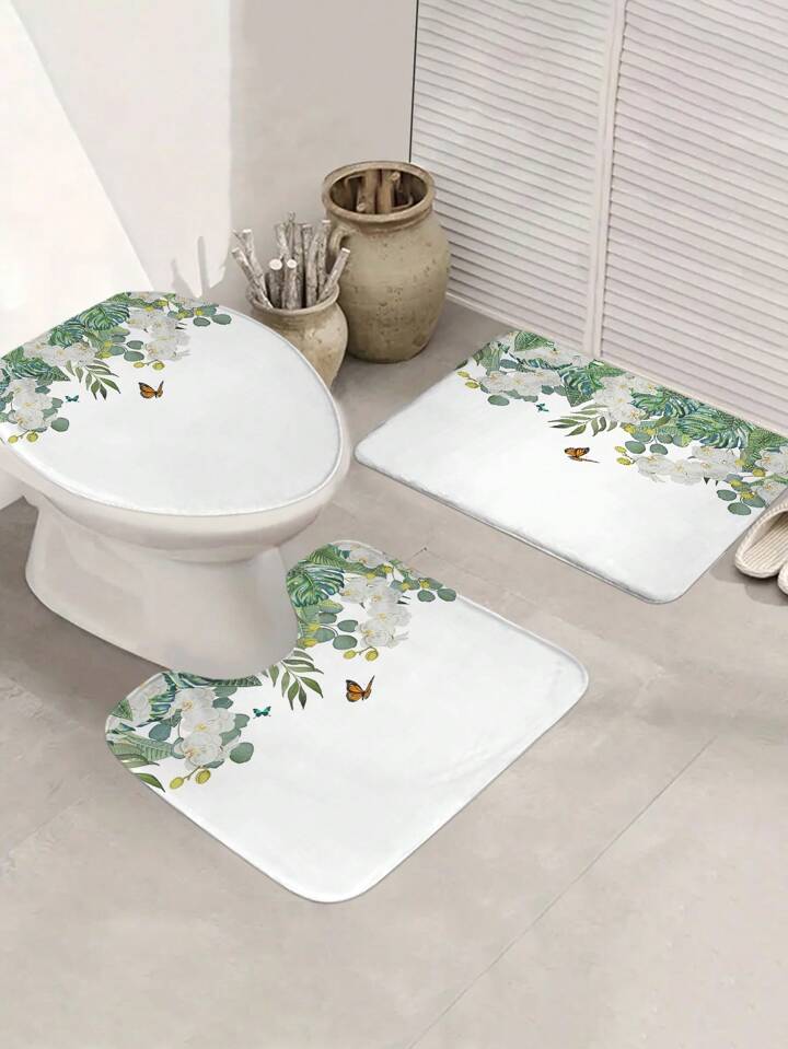 4pcs/Set Green Leaf Pattern Printed Bathroom Rug And Shower Curtain, With 12 Hooks, Anti-Slip Mat, Water Resistant Curtain, Home Bathroom Decoration Accessories