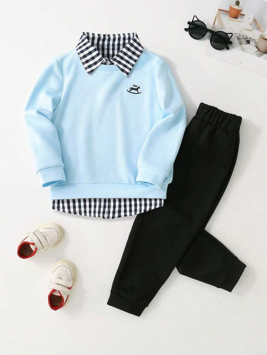 SHEIN Young Boy 2pcs Set Cute Casual Embroidered Sweatshirt And Comfortable Black Pants Fall Winter Outfit