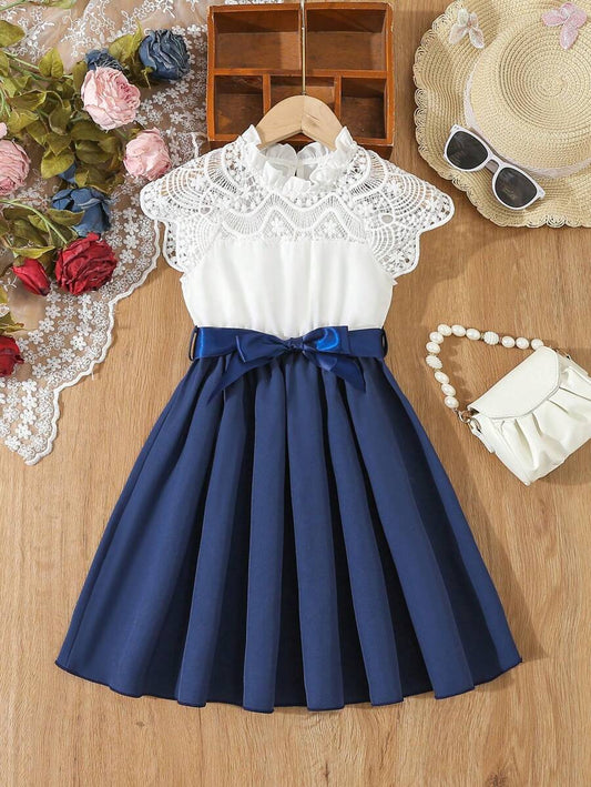 Shein Young Girl Elegant Lace Yoke Flare Hem Belt Dress , Suitable For Summer