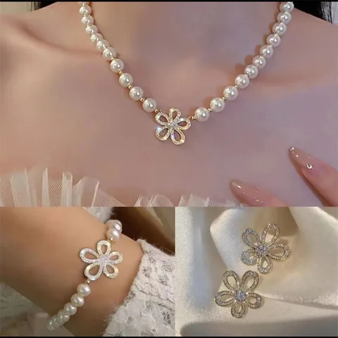 White Pearl Daisy Necklace Set SJP