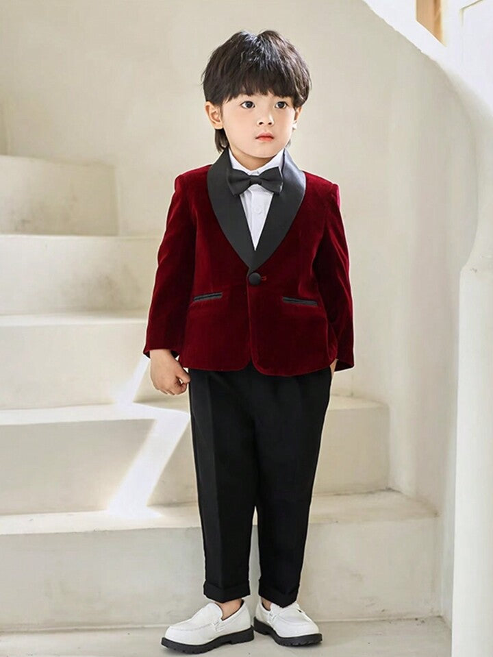 Shein Young Boy 3 Piece Suit Set For Kids, Includes Blazer, Pants And Bowtie, Gentleman Outfit For School Performance, Party, Autumn/Winter Season