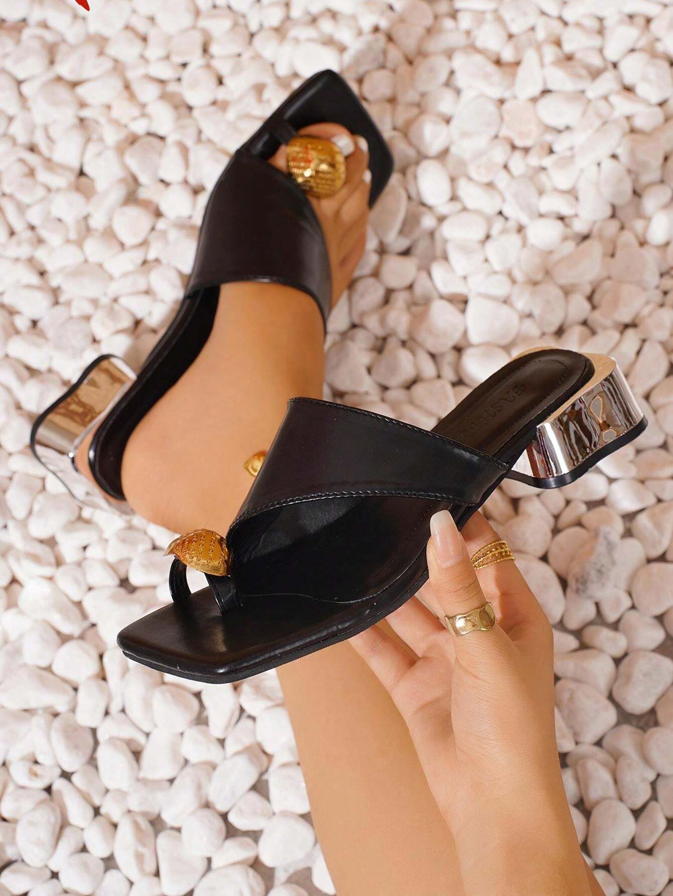 Shein Metal Buckle French Elegant Style Chunky Heel Mule Sandals For Women, Peep Toe Fashion Slip-On Slides