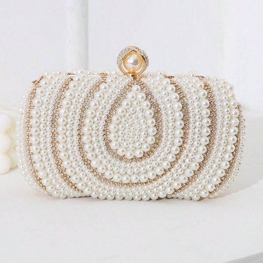 Shein Retro Faux Pearl Embroidered Rhinestone Decorated Clutch Purse Formal Party Handbag