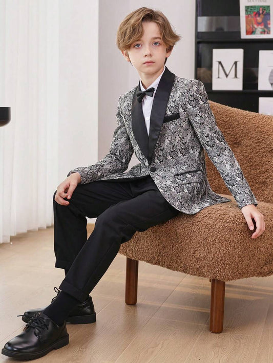 Shein Young Boy Floral Pattern Shawl Collar Suit Jacket, Suitable For Festivals, School, Daily Wear, Autumn