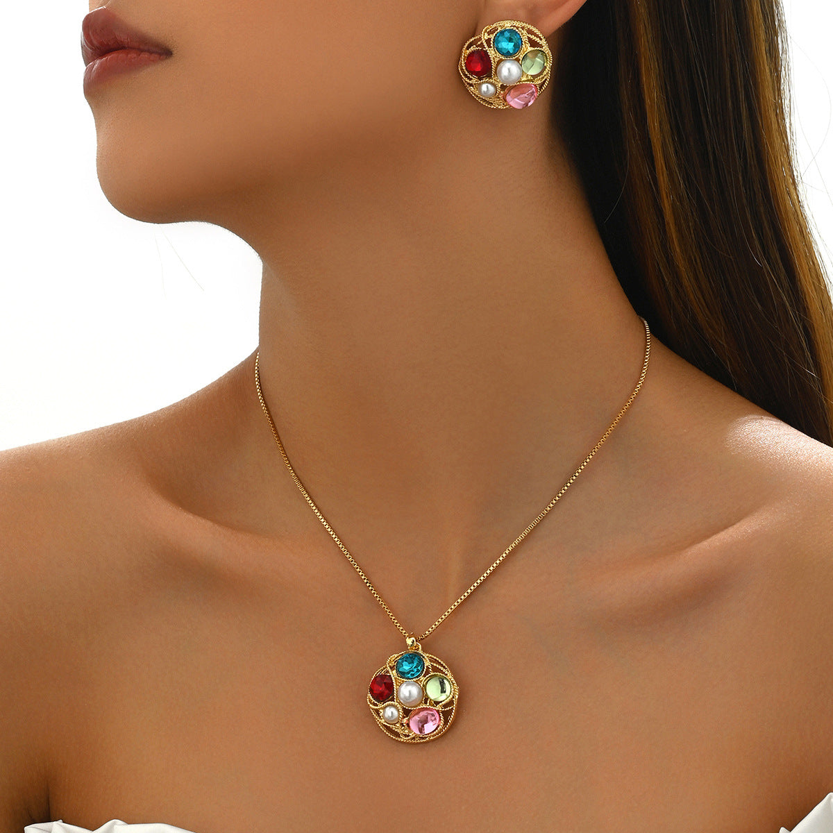 Inlaid Gemstone multicolour mosaic necklace set SJP