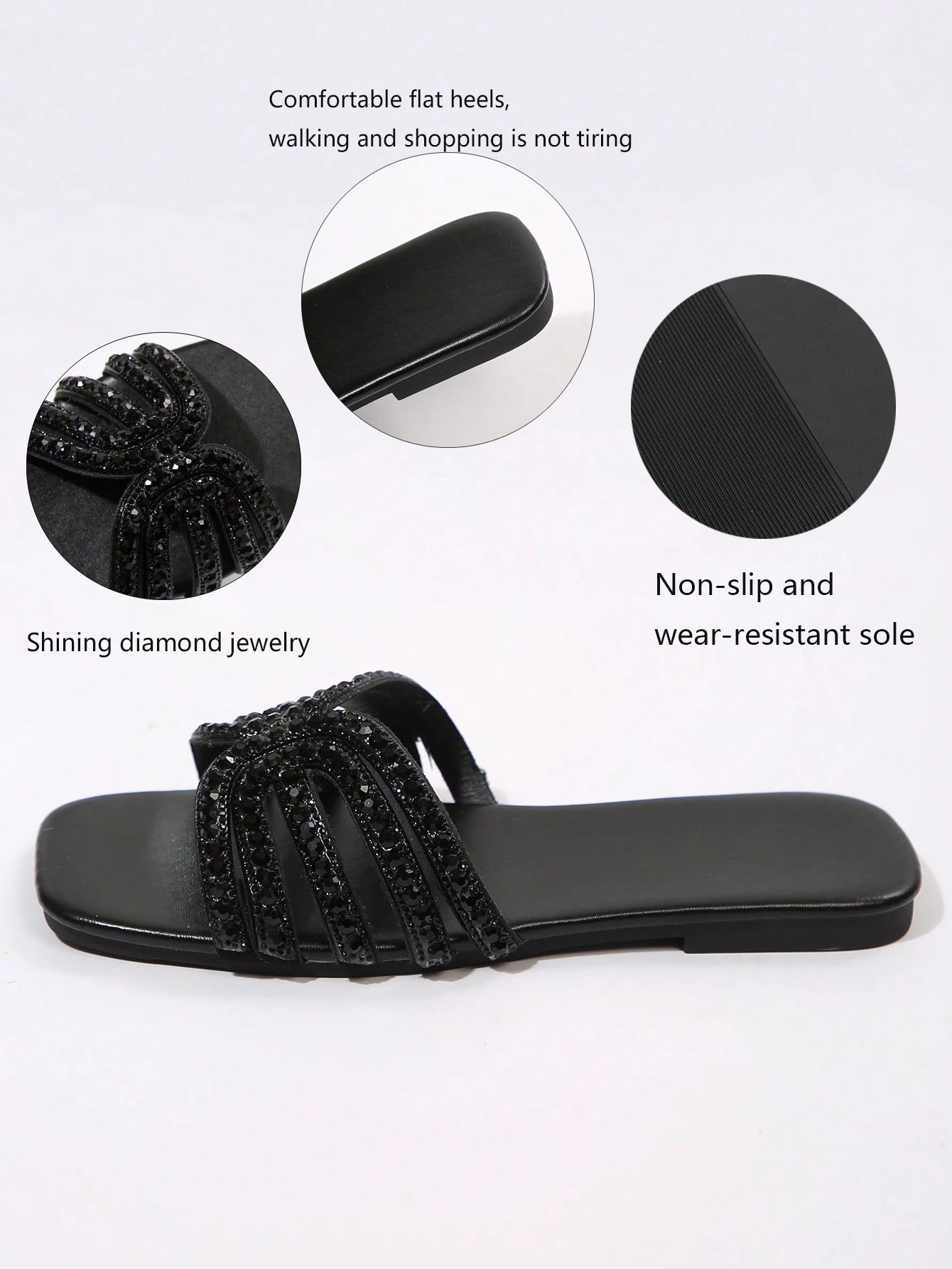 Shein Glass Rhinestone Casual Fashion Open-Toe Flat Sandals For Women