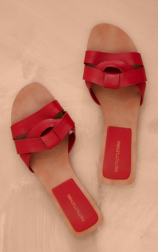 Prettyliitlething Real Leather Red Round Toe Strap Mule Flat Sandals
