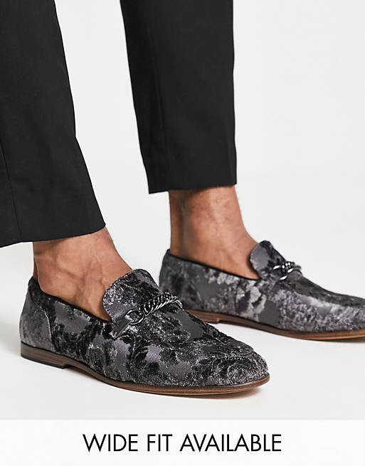 ASOS DESIGN loafers in gray velvet floral design with snaffle