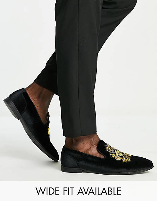 ASOS DESIGN Loafers in Black Velvet with Badge Detail Wide Fit