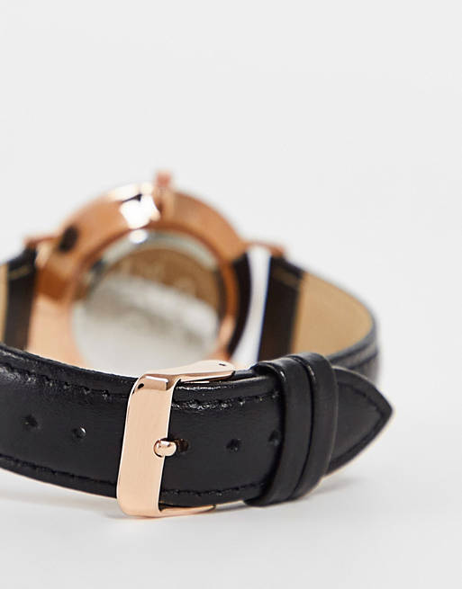 ASOS DESIGN leather classic watch with rose gold details in black