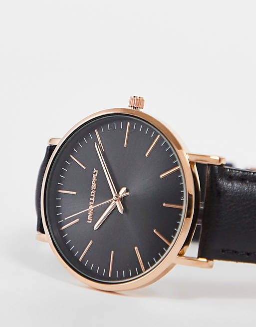 ASOS DESIGN leather classic watch with rose gold details in black