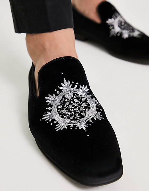 ASOS DESIGN loafers in black velvet with silver embroidery detail