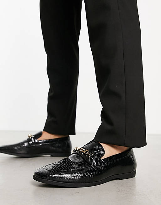 ASOS DESIGN loafers in black faux croc with gold snaffle