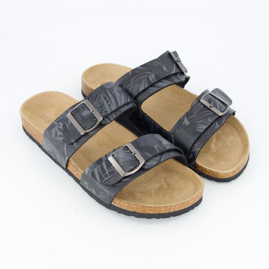 Brave Soul Black Leaf Pattern Double Strap Sandals