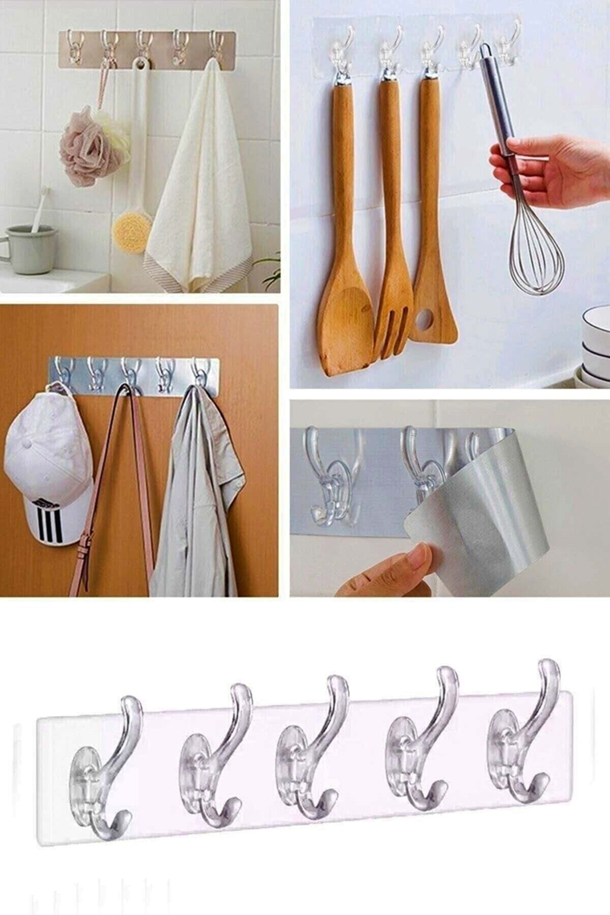 Şifa-iNur Waterproof Silicone 5 Piece Adhesive Transparent Wall Hanger Bathroom Kitchen Organizer Hanger