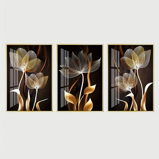 3pcs, Black and Golden Flower Wall Art Canvas Painting for Living Room Decor - Modern Abstract Design,