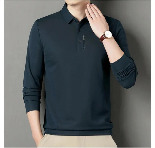 LGF Men's Casual Ice Elastic Silk Lapel Polo Long Sleeve Comfortable Tee-Shirts - Dark Green