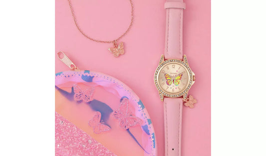 Tikkers Kids Pink Butterfly Watch, Bracelet, Purse Gift Set