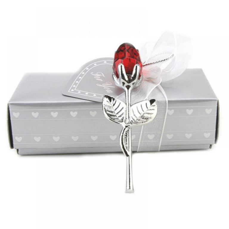 Red Rose Gift for Her, Crystal Rose Flower with Gift Box, Rose with silvery Leaves, K9 Crystal Rose Infinity Flower