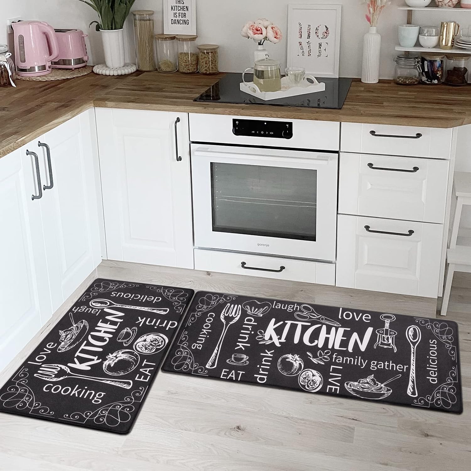 1pc Black Marble Print Polyester Non-slip Kitchen Mat