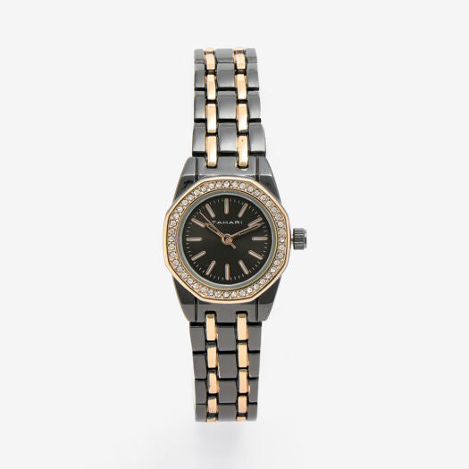 Tahari  Black Silver & Rose Gold Toned Black Face Watch