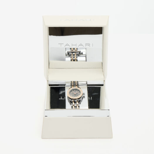 Tahari  Black Silver & Rose Gold Toned Black Face Watch