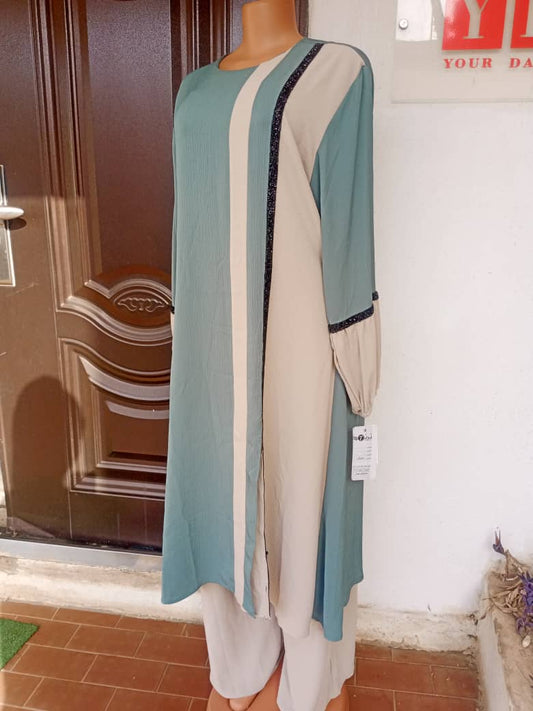 A.A Royal. Egyptian Abaya Half- gown & pant Cream/green