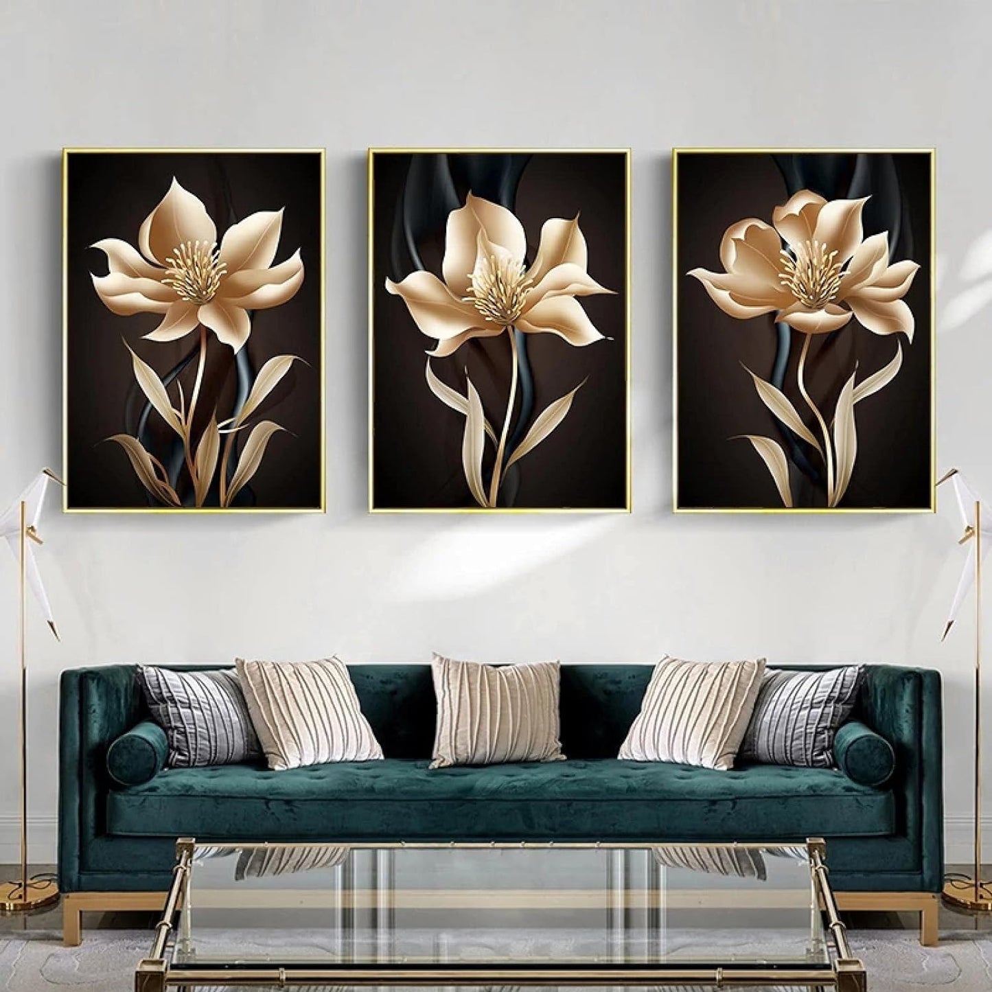 3pcs Modern Abstract Black and Golden Flower Wall Art Canvas Painting for Living Room Decor