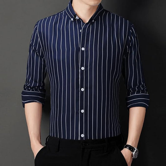 LGF Men's Office  Strip Button Lapel Long Sleeve Stretch Tops Blouse Casual Dress Shirt - Navy Blue