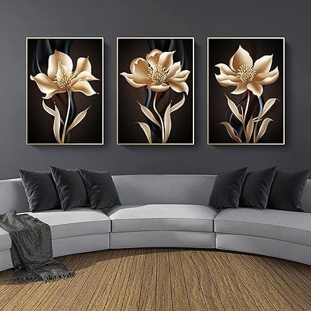3pcs Modern Abstract Black and Golden Flower Wall Art Canvas Painting for Living Room Decor