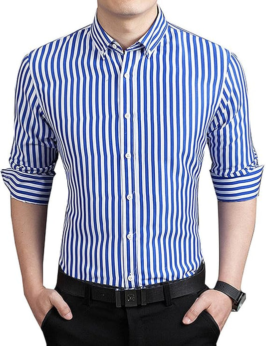 LGF Men's Office  Strip Button Lapel Long Sleeve Stretch Tops Blouse Casual Dress Shirt - Blue