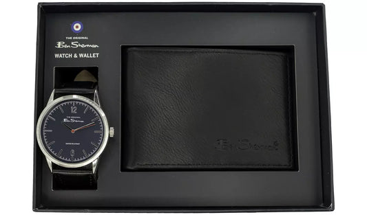 Ben Sherman Men's Black Faux Leather Strap Watch and Wallet