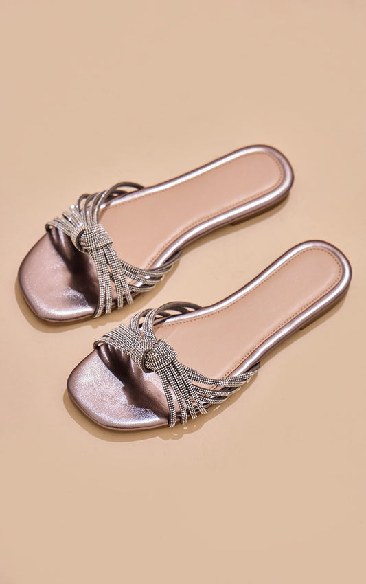 Prettylittlething  Silver Pu Round Toe Diamante Knot Strap Flat Sandals