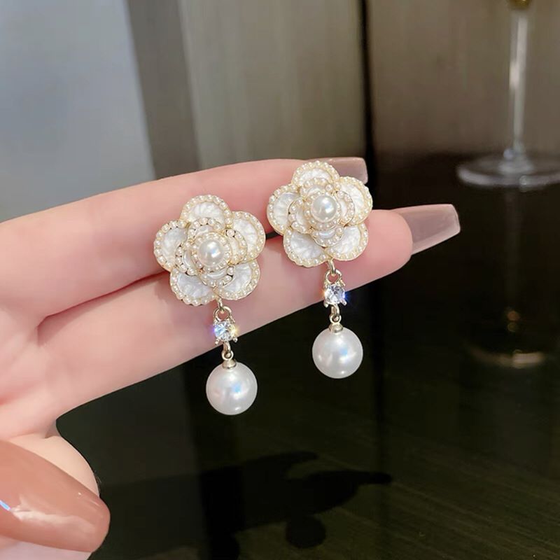 Camellia Pearl Drop Earrings Charm Elegant White Flower Dangler SJP
