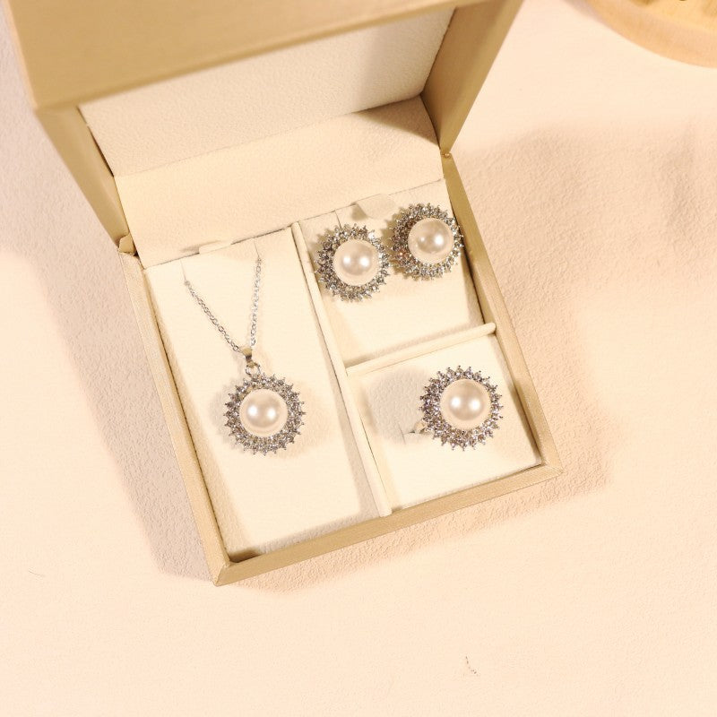 Classic sunflower pearl inlaid 3piece necklace set-silver color SJP