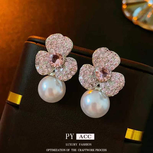 Exotic Hibiscus Flower Pearl Earrings Pink SJP