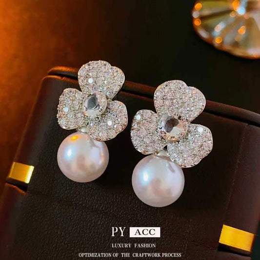 Exotic Hibiscus Flower Pearl Earrings Silver SJP