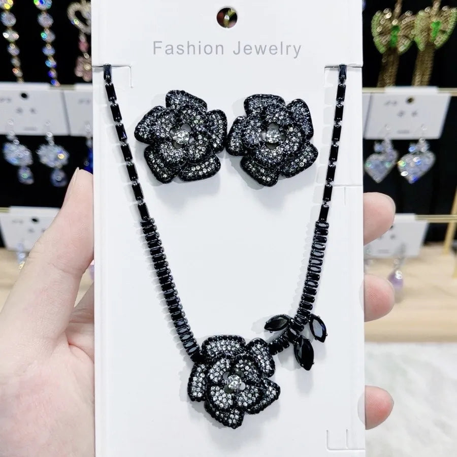 Black Flower shaped crystal 2piece jewelry set SJP