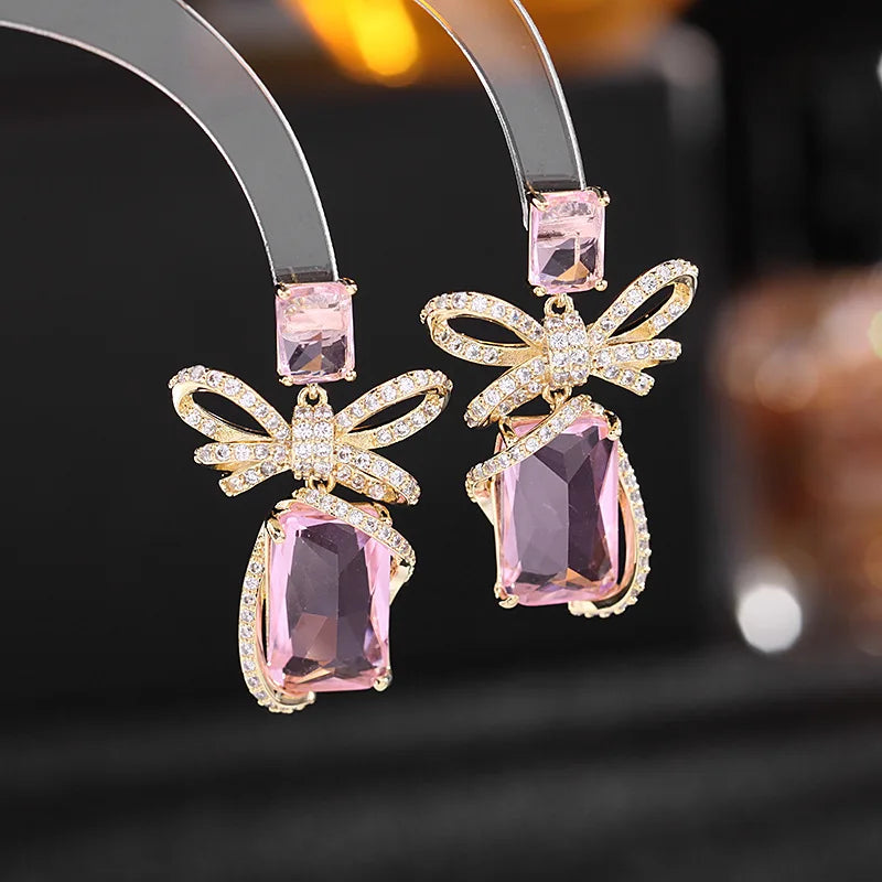 Classic Rhinestone Bowknot Diamond Earring SJP- pink