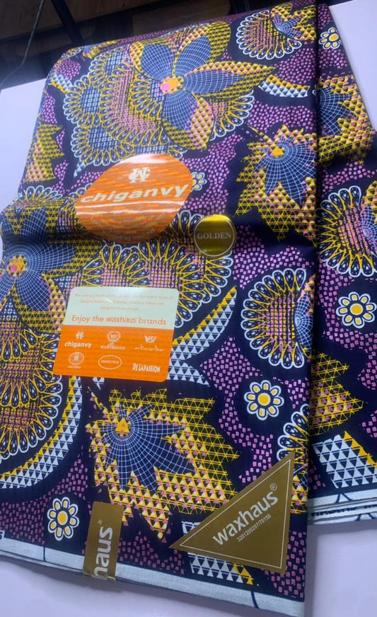 Ceedex Fabrics Chiganvy Golden Shimmer Leafy Sun Flower Design (Multicolour ) Ankara - 6yards