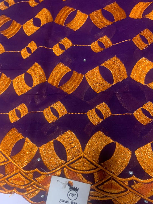 Ceedex Fabrics Medium Lace Purple & Orange Design - 5yards