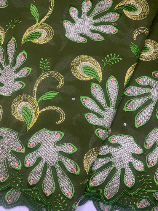 Ceedex Fabrics Medium Lace Leafy Design Green Multicolour - 5yards