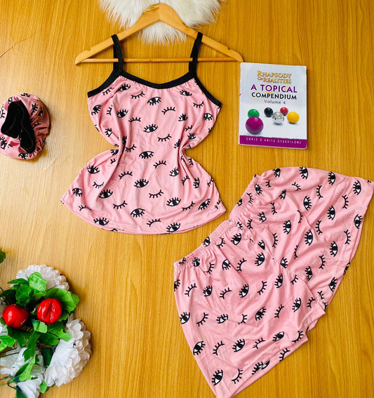 Underwear Hub 3 in 1 top, short  & bonnet (pink with eye designs)