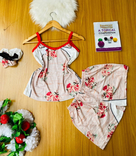 Underwear Hub 3 in 1 top, short & bonnet ( white mixed with  red color flowers)