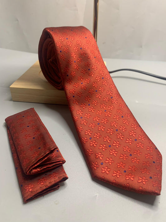 T&C skyzeal style fashionable orange necktie small flower detail work  with a pocket square