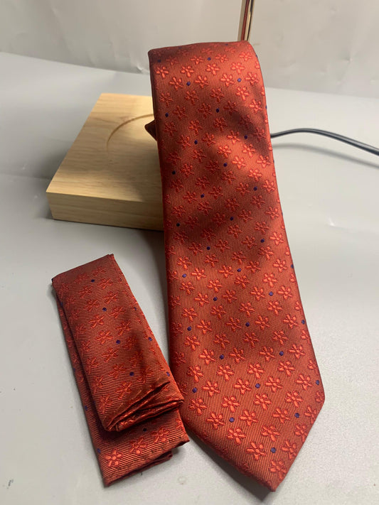 T&C skyzeal style fashionable orange necktie small flower detail work  with a pocket square